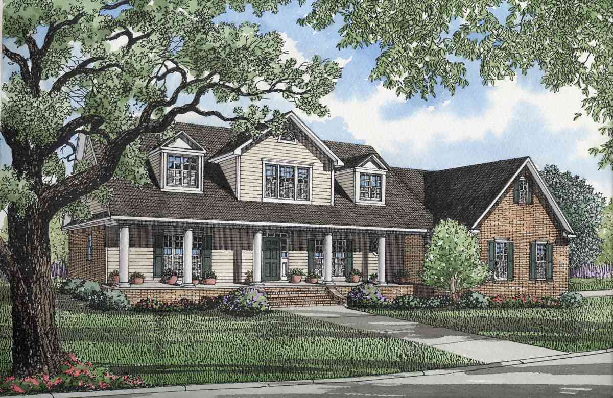 House plan exterior: Two-story home with brick and siding, full-length front porch, dormers, and gabled rooflines.