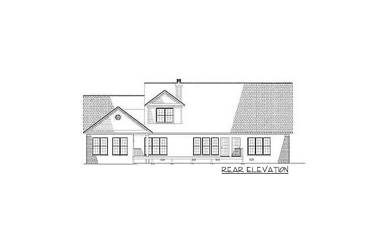 Rear elevation of a house plan featuring multiple gables, a dormer, and a covered porch.