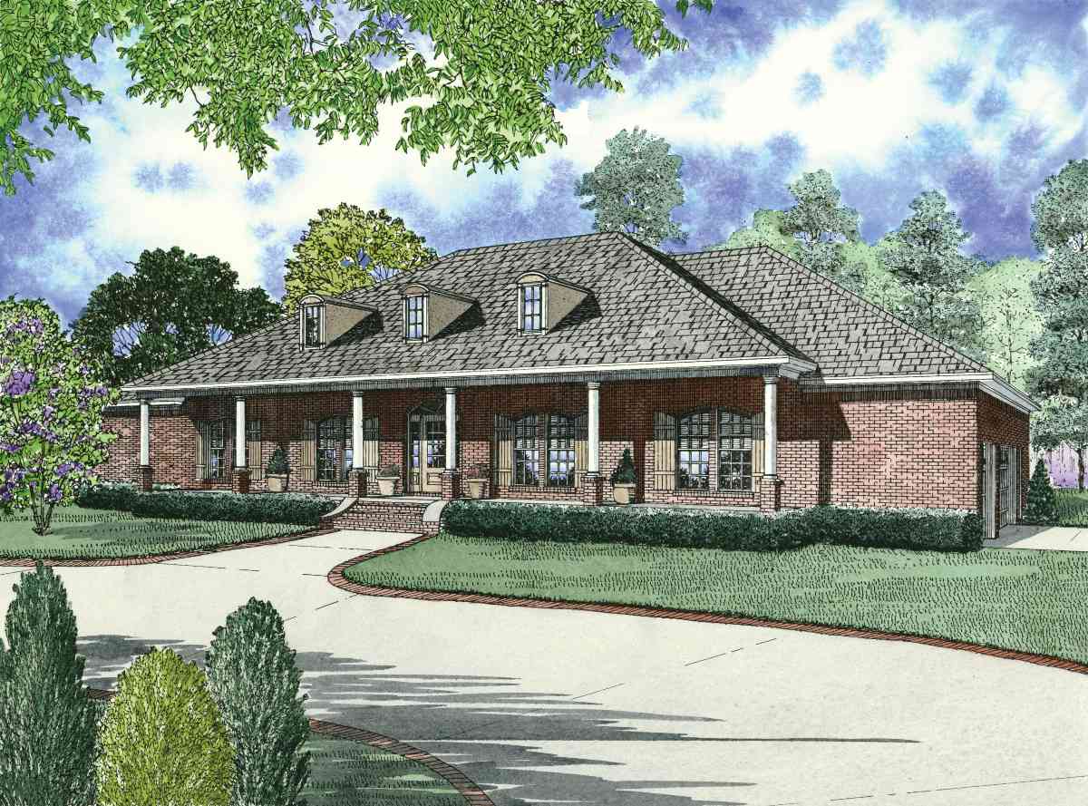 House plan exterior: Brick, one-story home with a wide covered porch, three dormers, and a detached garage.