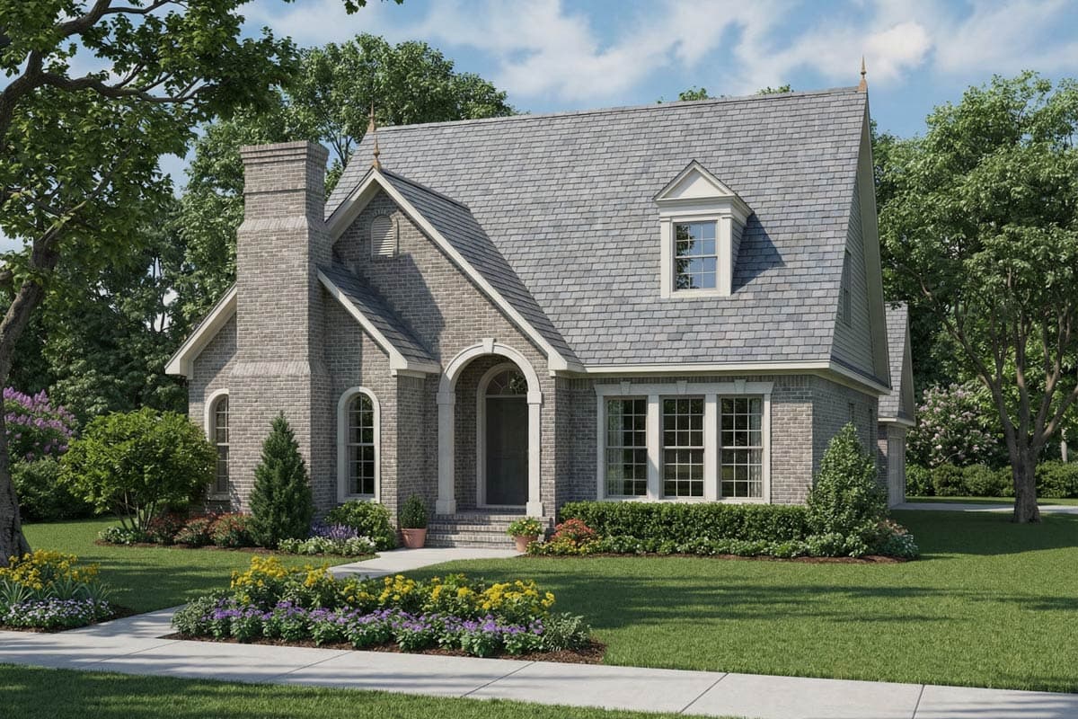 House plan exterior featuring a steeply pitched gray slate roof, arched entry, prominent brick chimney, and dormer window.
