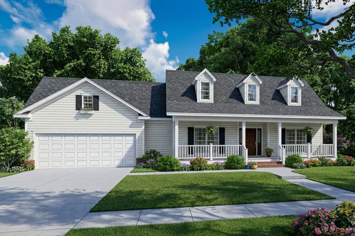 A two-story home with a white exterior, gray roof, and a porch lined with white railings. Green lawn and trees surround the house.