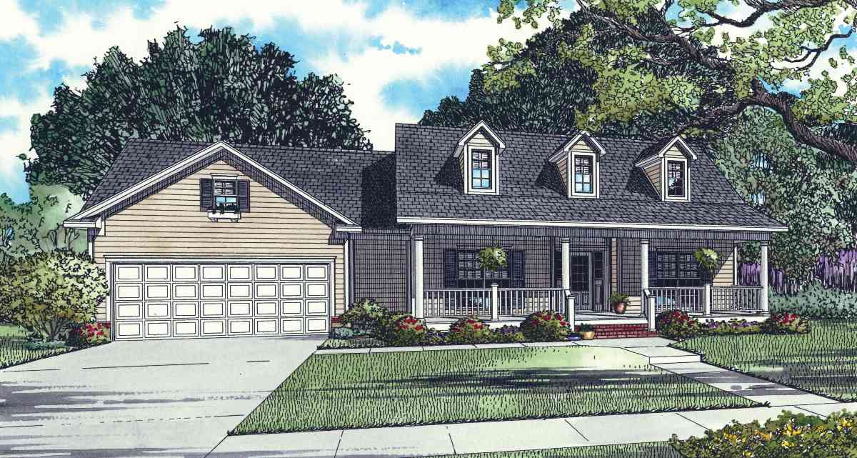 House plan exterior: Traditional style, two stories, front-facing garage, covered porch with columns, and dormer windows.