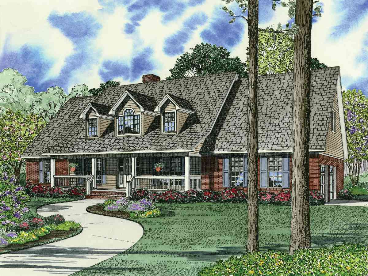 House plan exterior for a two-story home with a wraparound porch, dormers, and brick and siding facade.
