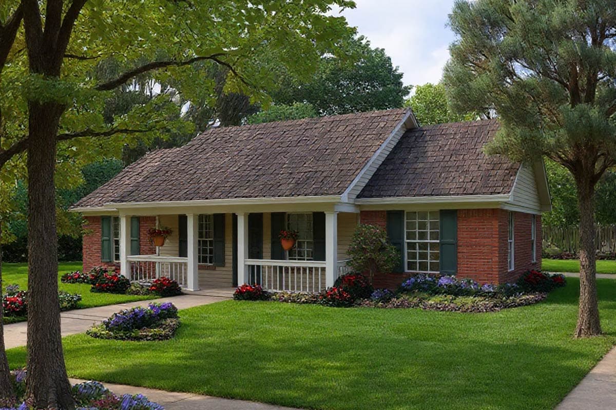 House plan exterior: One-story home with a covered front porch, white railings, brick and siding facade, and shingled roof.