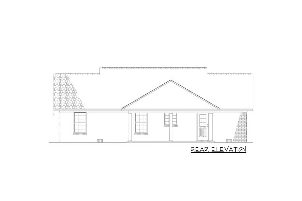 Rear elevation drawing of a one-story house with a covered porch, gabled roof, and brick foundation.