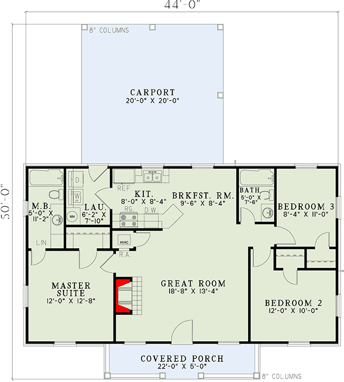 Plan 59819ND: Split Bedroom House Plan with Carport - 1100 Sq Ft - Floor Plan - Main Level - Country, Ranch, Traditional
