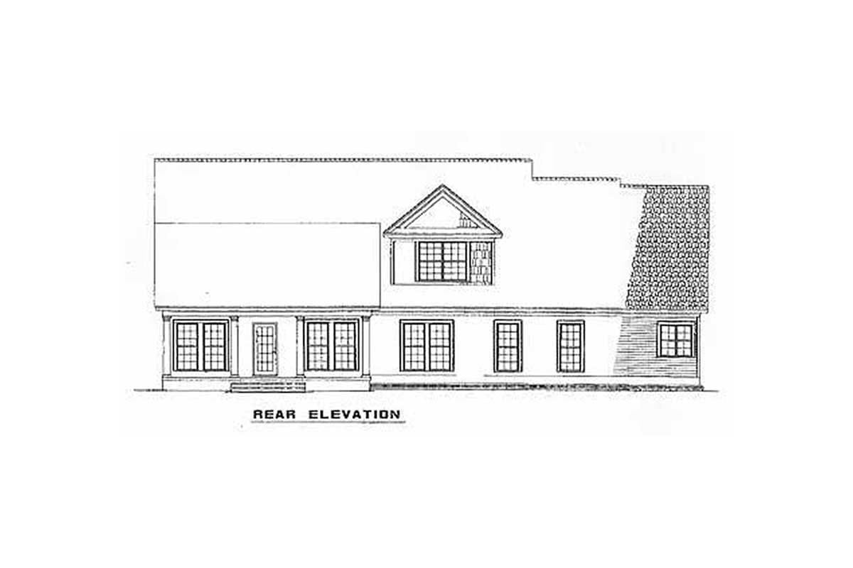 Rear elevation drawing of a house plan featuring a dormer, porch with columns, and multiple windows.