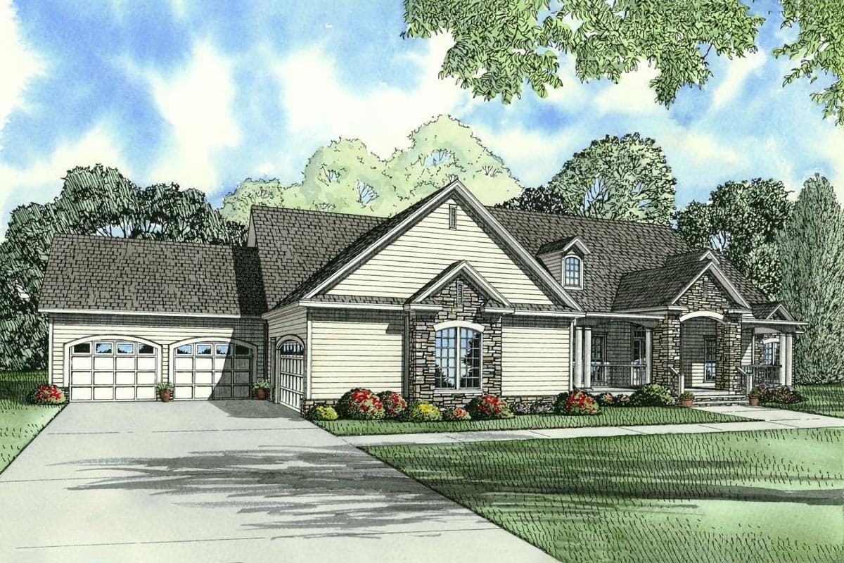 House plan exterior: Ranch style with a three-car garage, covered front porch with columns, and stone accents.