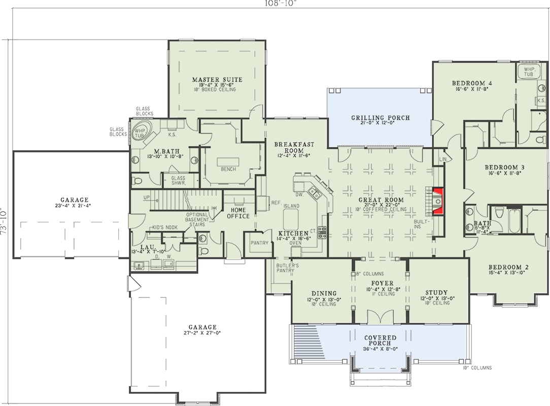 Plan 59822ND: 3600 Square Foot One-Story House Plan with Elegant Coffered Ceiling - Floor Plan - Main Level - Country, Traditional