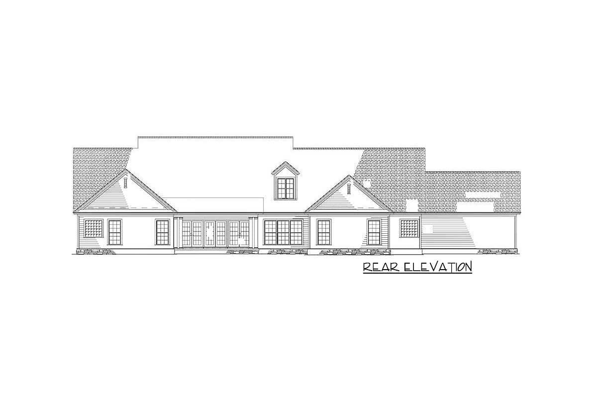 Rear elevation drawing of a house plan featuring multiple gables, dormers, and a variety of window styles.