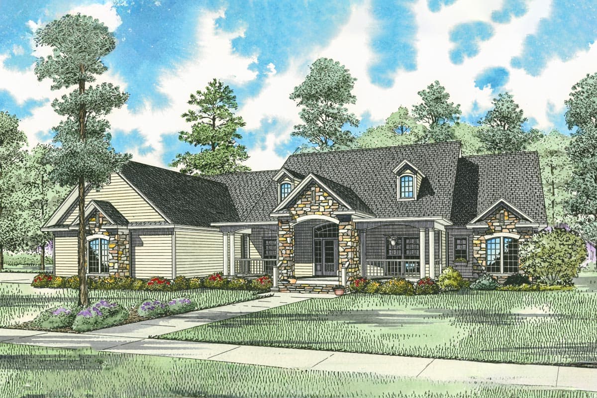 House plan exterior: Ranch-style home with stone accents, gabled dormers, and a covered front porch with columns.