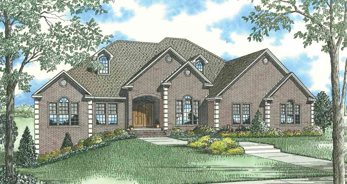 House plan exterior: Brick construction, gambrel roof, arched dormers, and an arched entryway with double doors.