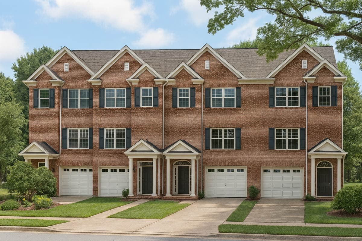 House plan exterior featuring a brick facade with multiple gabled roofs, garage doors, and front entry porticos. Two-story townhouse style.