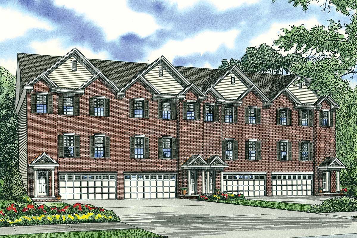 House plan exterior of a three-story brick building with multiple gables, dormers, and attached garages.