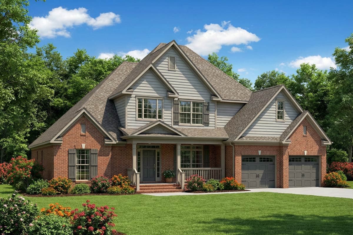 Two-story house plan exterior with brick and siding, gabled dormers, and a covered front porch with a white railing.