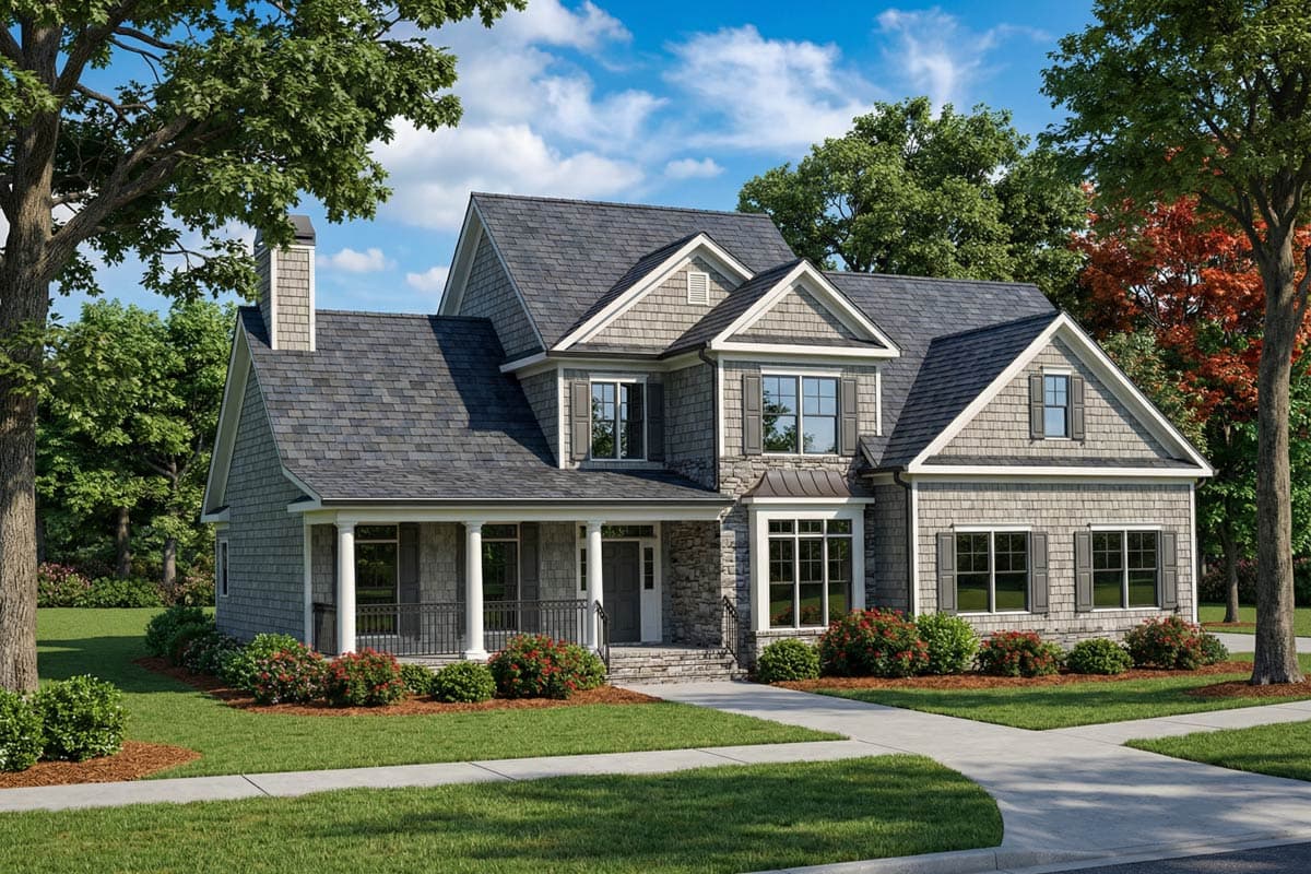 House plan exterior: two-story Traditional style with covered front porch, gables, dormers, and stone and shingle siding.