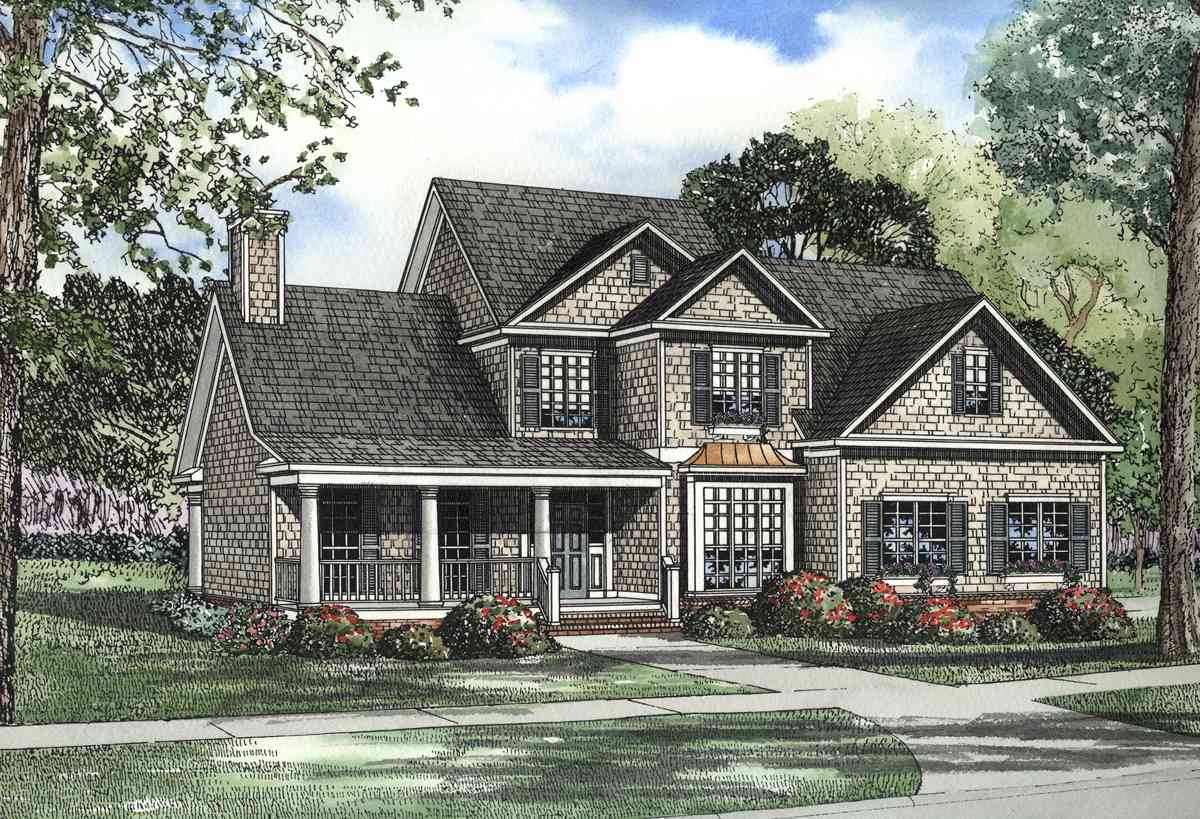 House plan exterior: Two-story home with a covered front porch, dormers, and shingle siding.