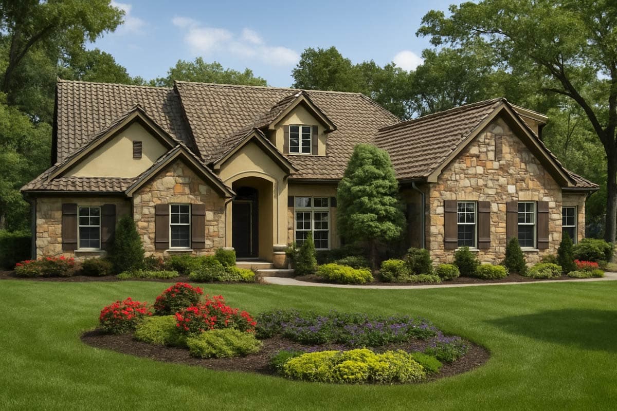 House plan exterior with stone veneer, multiple gables, and a tiled roof. Features a portico over the front entry and decorative shutters.
