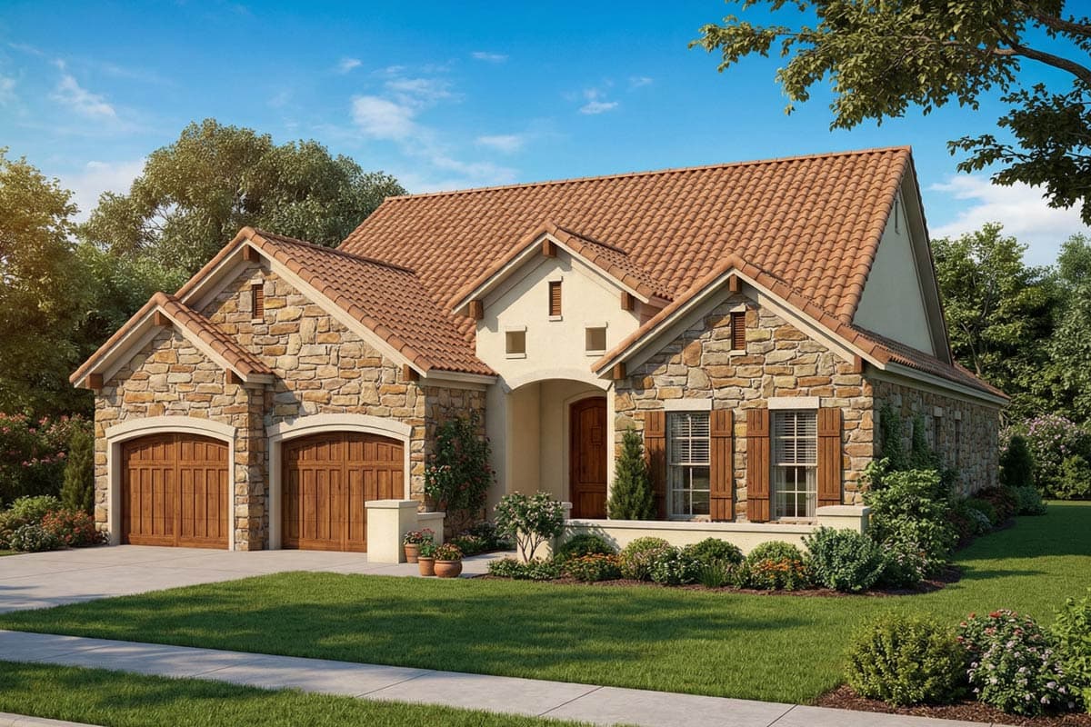 House plan exterior: One-story home with stone facade, double garage, arched entry, and tile roof.