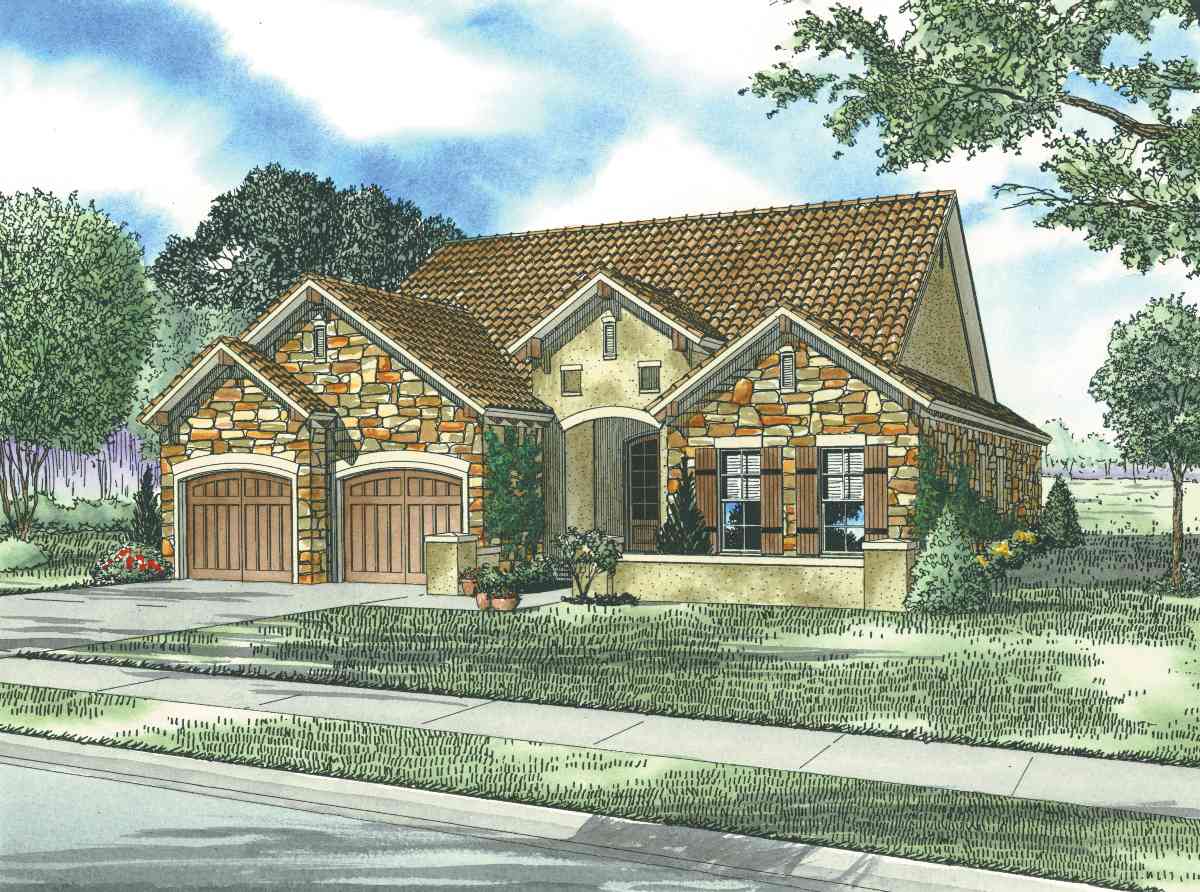 House plan exterior shows a single-story home with a tile roof, stone facade, arched entryway, and a two-car garage.