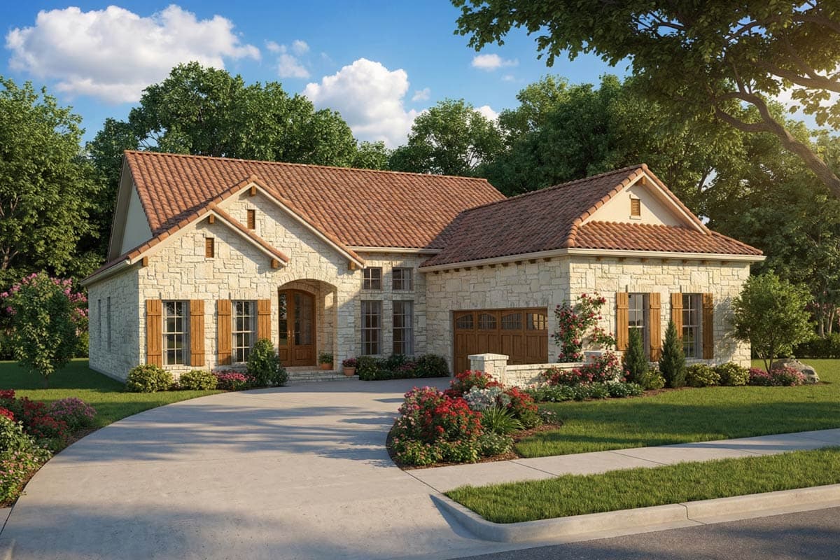 A stone-clad house with a red-tiled roof sits amidst lush landscaping, featuring a curved driveway, shutters, and a welcoming front entrance.