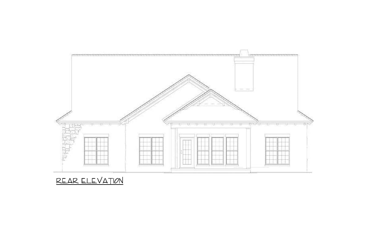 Rear elevation house plan with a gable roof, stone accents on the left, and a central entry with windows.