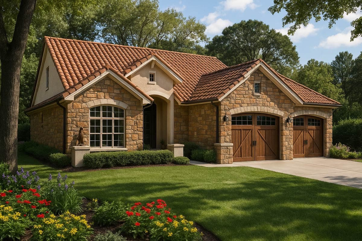 House plan exterior. Stone facade, tile roof, and arched garage doors. Features include a front gable and a large arched window.