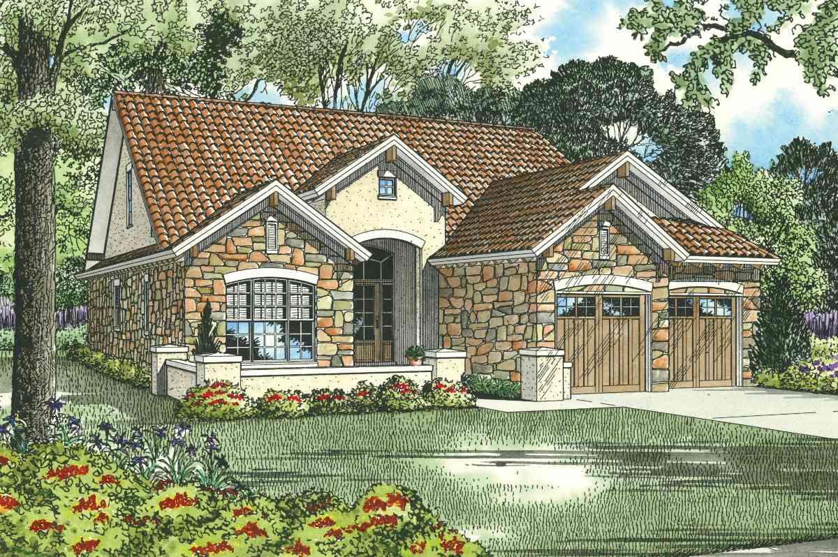House plan exterior with stone facade, arched entryway, tiled roof, and attached two-car garage with wood doors.