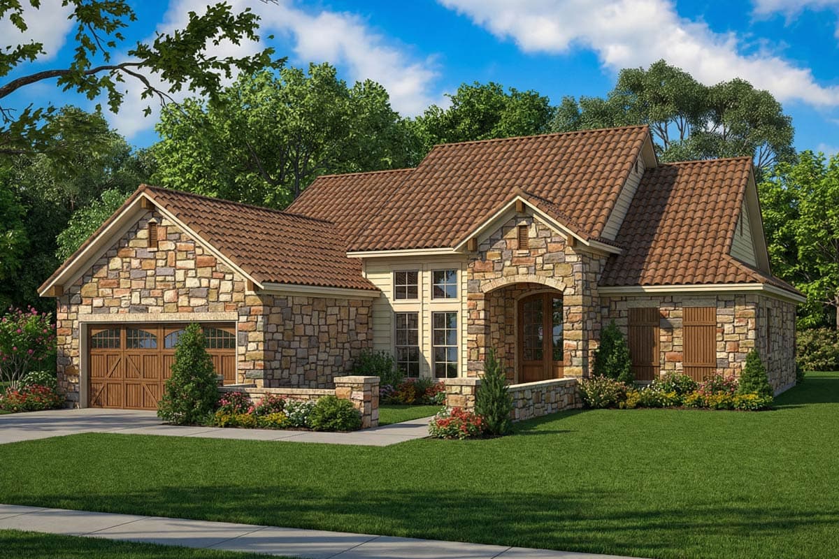 A stone-clad house with a brown tile roof and a small arched entryway. A green lawn surrounds the home, with trees and a blue sky in the background.