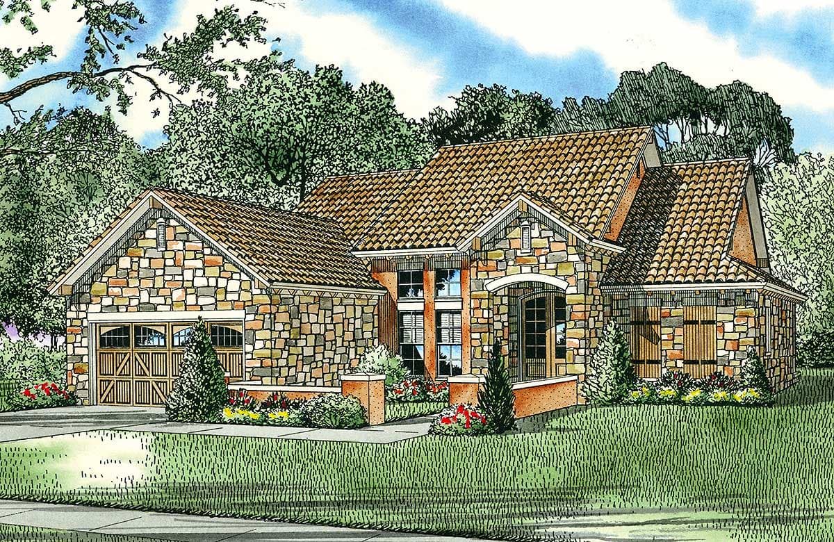 House plan exterior: One-story stone-clad home with attached garage, arched entryway, and tile roof.