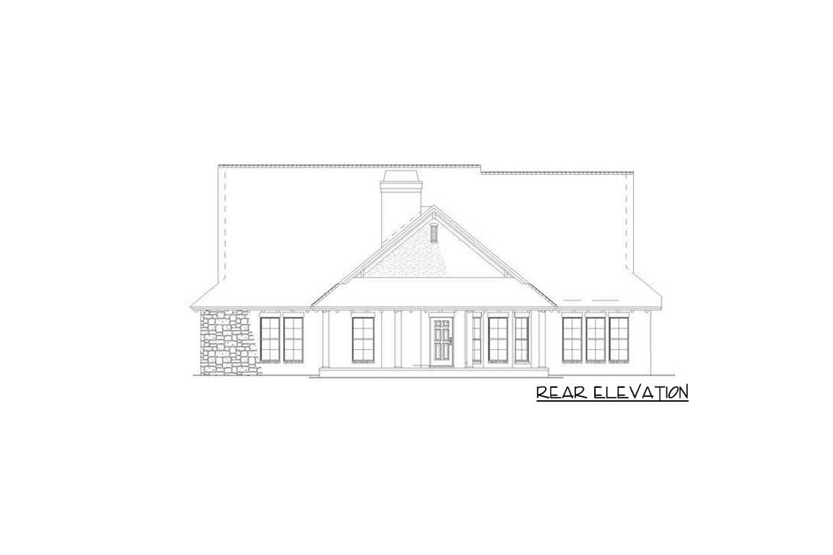 Rear elevation house plan showing stone accents, a covered porch with columns, a central gable with dormer, and multiple windows.