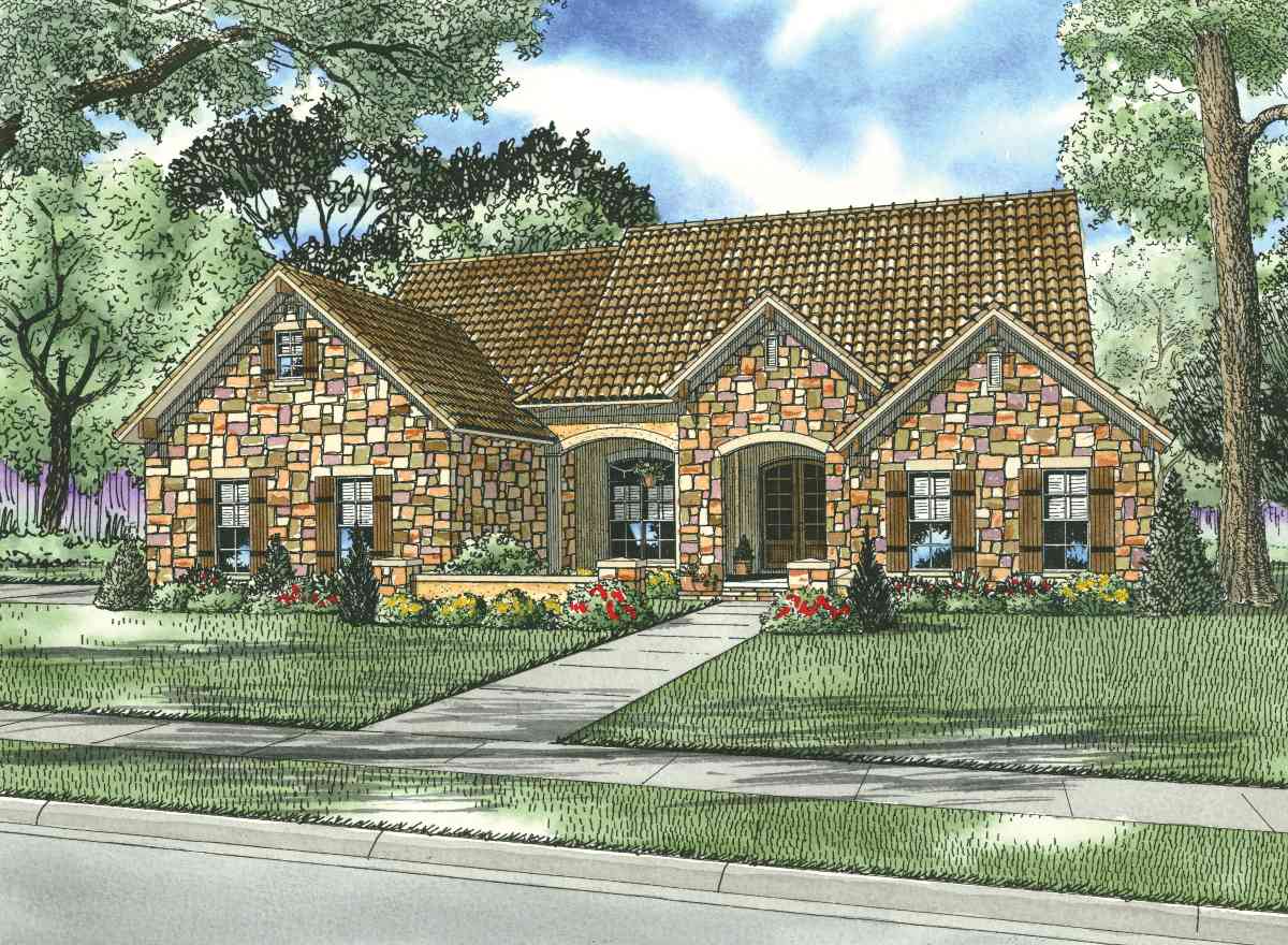 House plan exterior rendering of a single-story home with stone facade, gabled dormers, arched entryways, and a tile roof.