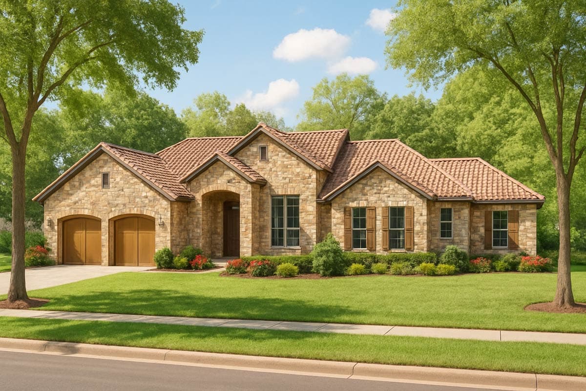 House plan exterior of a one-story stone home with a tile roof, arched entry, and a three-car side-facing garage.