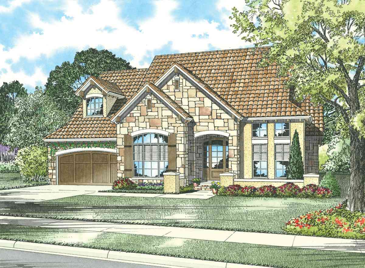 House plan exterior: Stone-clad, two-story home with tiled roof, prominent gables, arched windows, and a two-car garage.