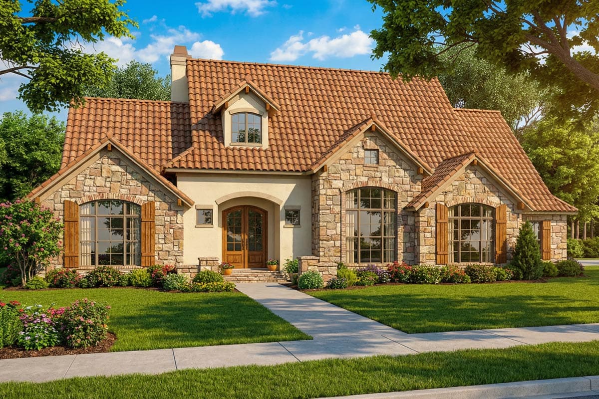 A beautiful stone and stucco house with a terracotta tile roof, large windows, and a lush green lawn, set under a blue sky.