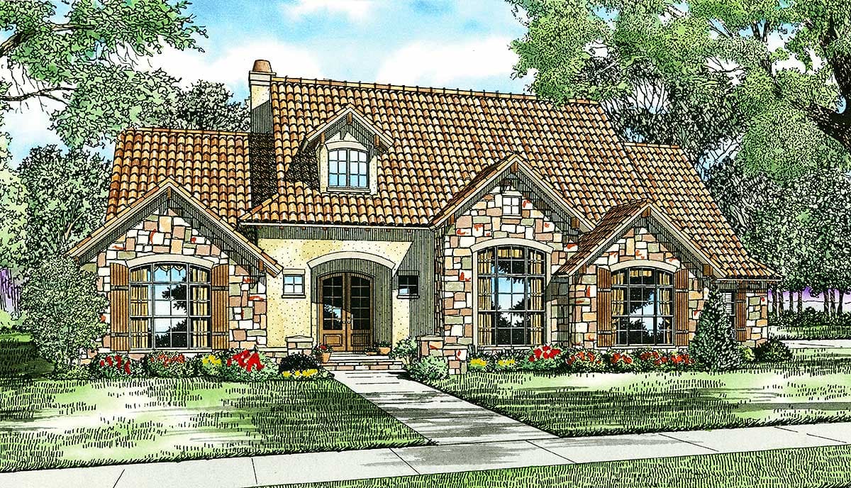 House plan exterior: Mediterranean style, one story, stone facade, arched entry, tile roof, multiple gables, dormer.