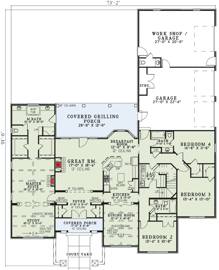 Plan 59857ND: Tuscan-Inspired 4 Bedroom House Plan with Bonus Expansion - 2788 Sqs Ft - Floor Plan - Main Level - European, Hill Country, Tuscan