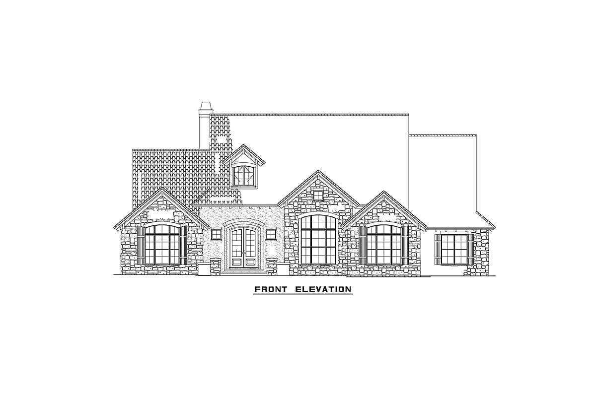 Front elevation house plan with stone facade, arched windows, double doors, and varied rooflines.