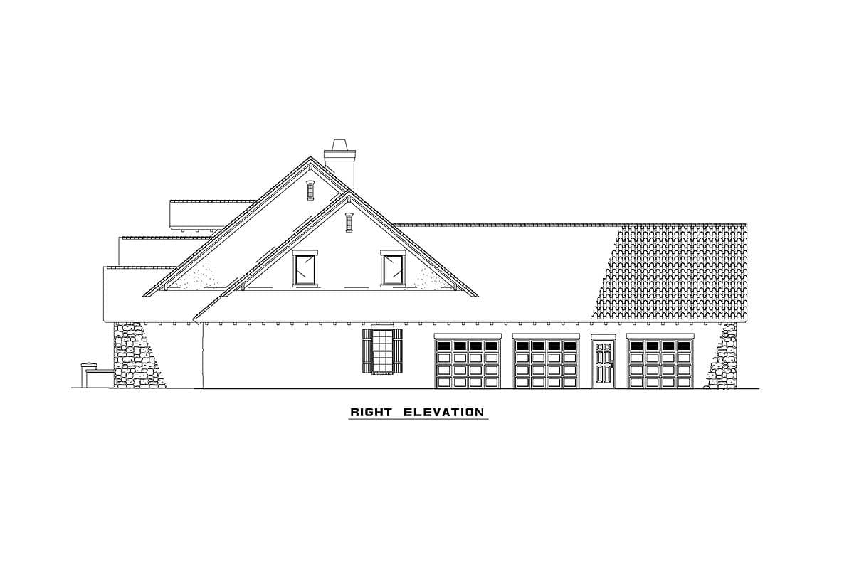 Right elevation house plan. Features multiple garage doors, a central door, stone accents, and a prominent gabled roof with dormers.