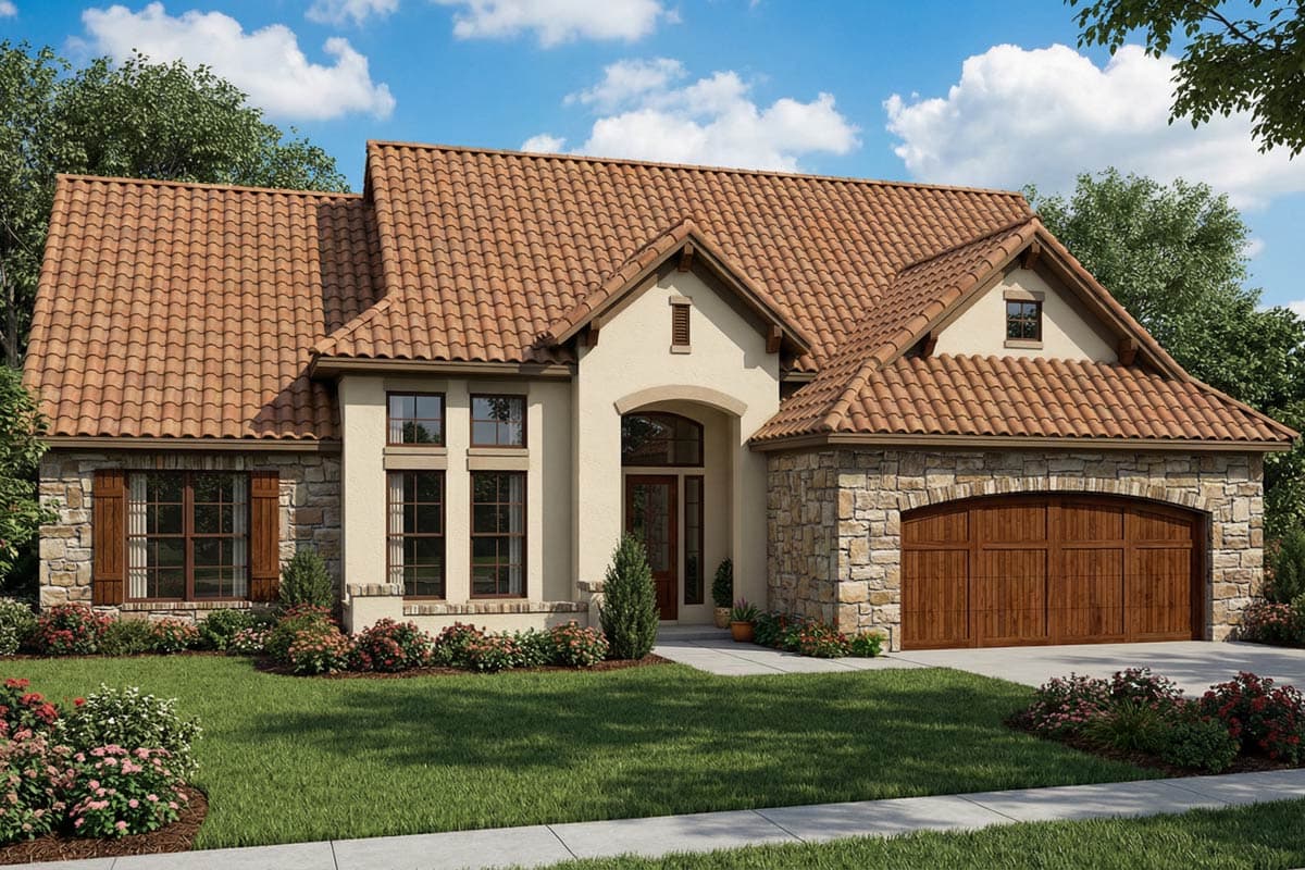 A stucco house with a terracotta tile roof, stone accents, and a wooden garage door. Lush landscaping surrounds a green lawn and walkway.