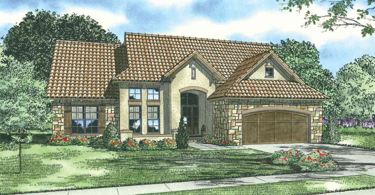 House plan exterior: Single-story home with arched entryway, stone accents, tile roof, and side-facing garage.