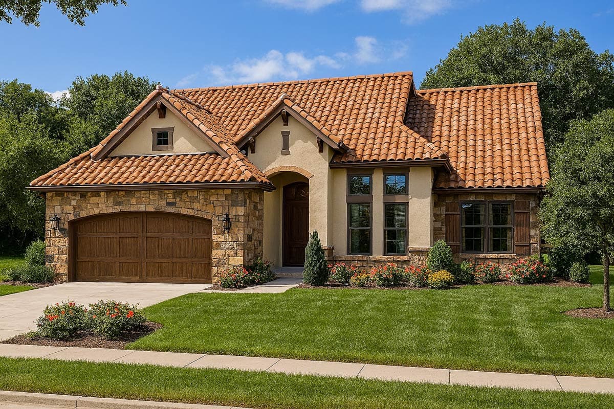 House plan exterior. Two-story Mediterranean-style home with a tile roof, stone facade, and arched garage door. Features dormers and shutters.