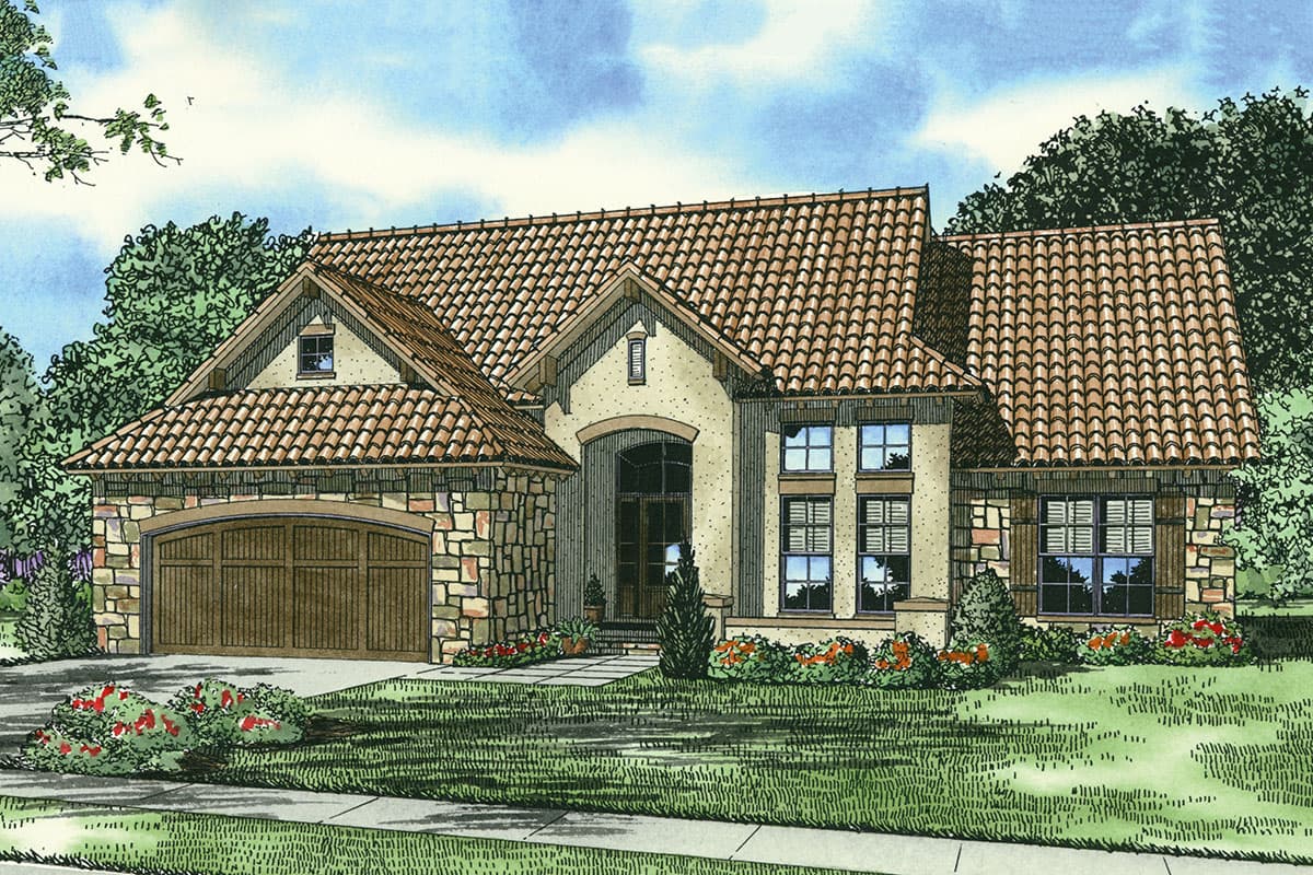 House plan exterior: Two-story Mediterranean style with tile roof, stone accents, arched entry, and attached garage.