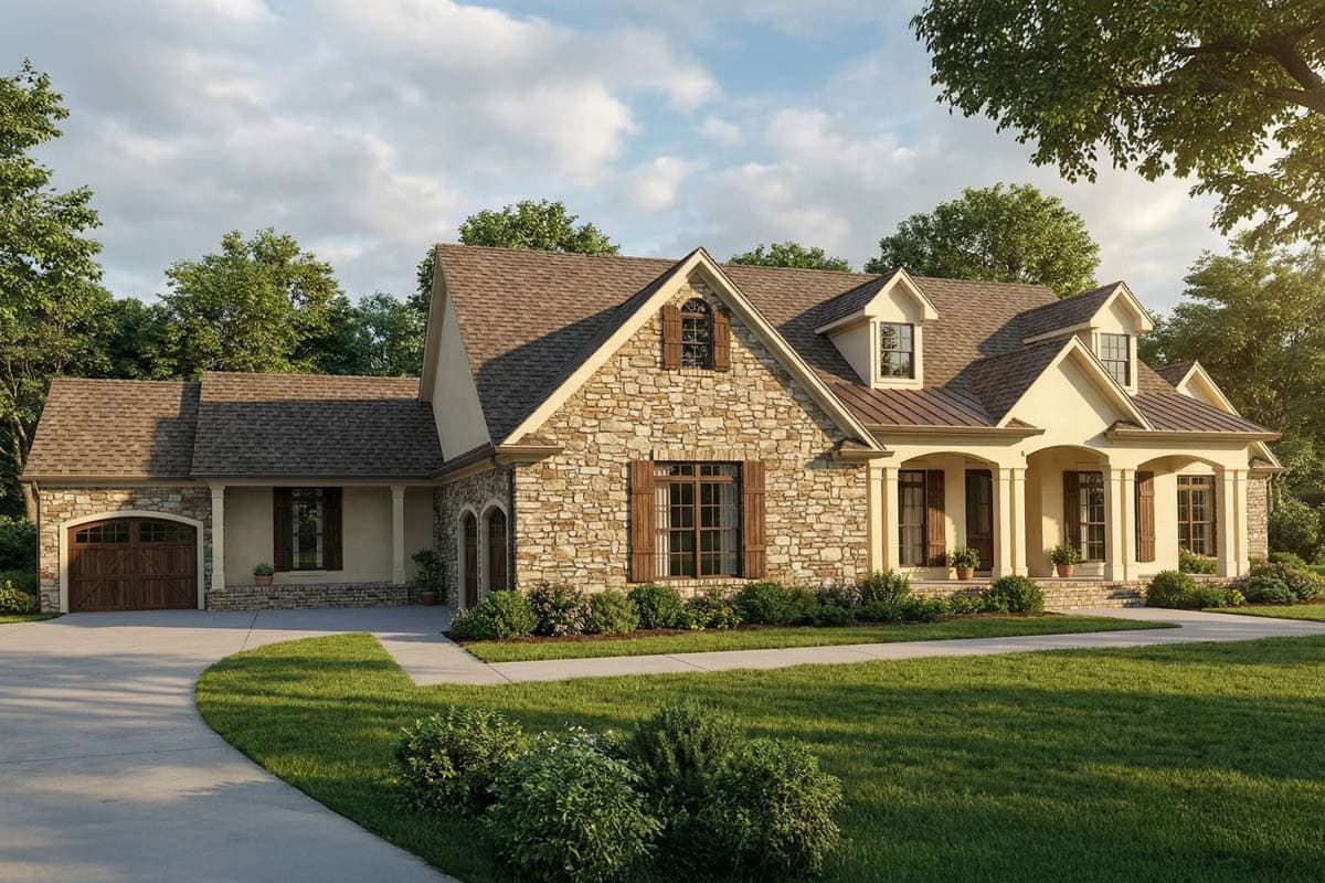 House plan exterior. Stone and stucco facade with gables, dormers, and a covered porch. Attached garage with arched door.