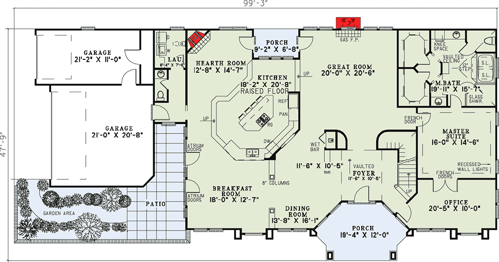 Plan 59862ND: 3-Bed House Plan with Unique Raised Kitchen Area - Floor Plan - Main Level - Southern