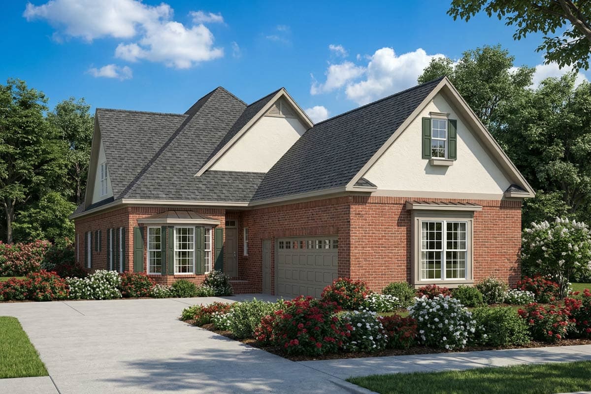 A brick house with a dark gray roof, green shutters, and a two-car garage. Landscaping includes red and white flowering bushes in the front yard.