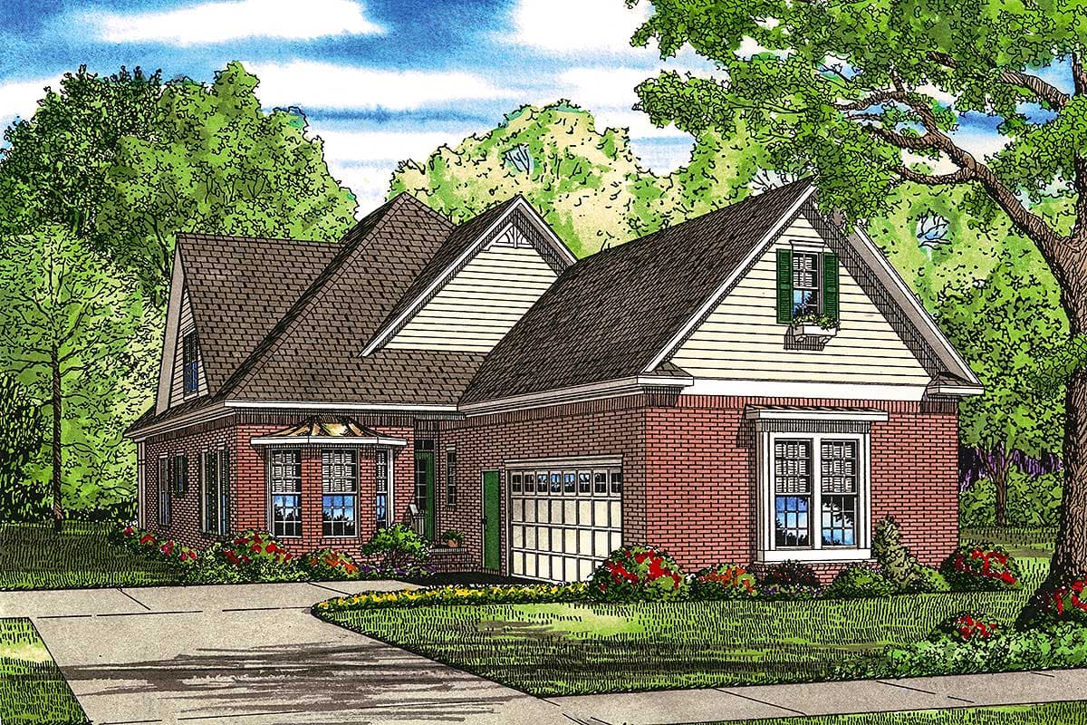 House plan exterior: Two-story brick home with multiple gables, dormer window, bay window, and attached garage.