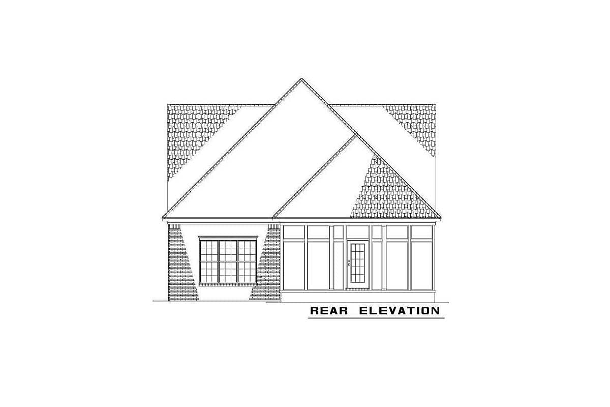 Rear elevation house plan showing a prominent gable roofline, a large grid-window, and a sunroom with a glass door.