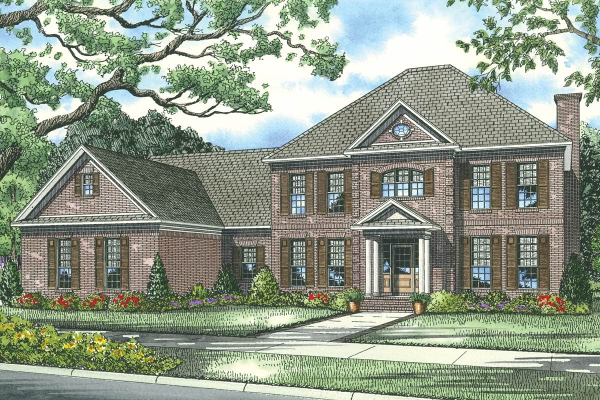 House plan exterior: two-story brick home with prominent gabled dormer, portico entrance, and arched window detail.
