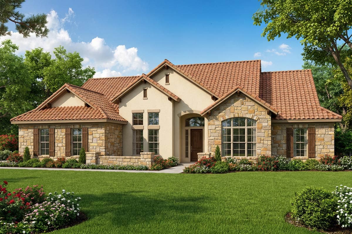 A stone-clad, single-story house with a red-tiled roof sits on a well-manicured lawn. The facade features arched windows and a wooden front door.